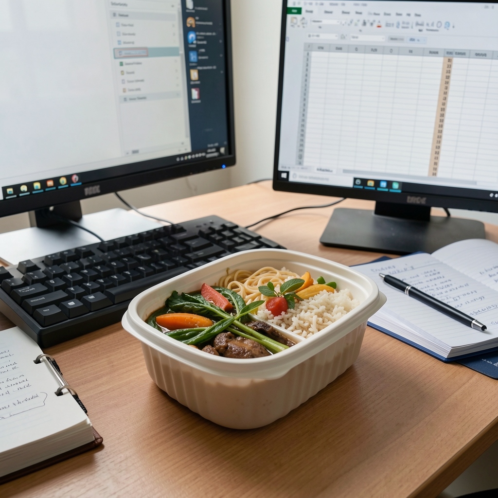 Close-up of a meal container on a work desk beside a keyboard, an open spreadsheet visible on a monitor in the background, overhead composition in office natural light