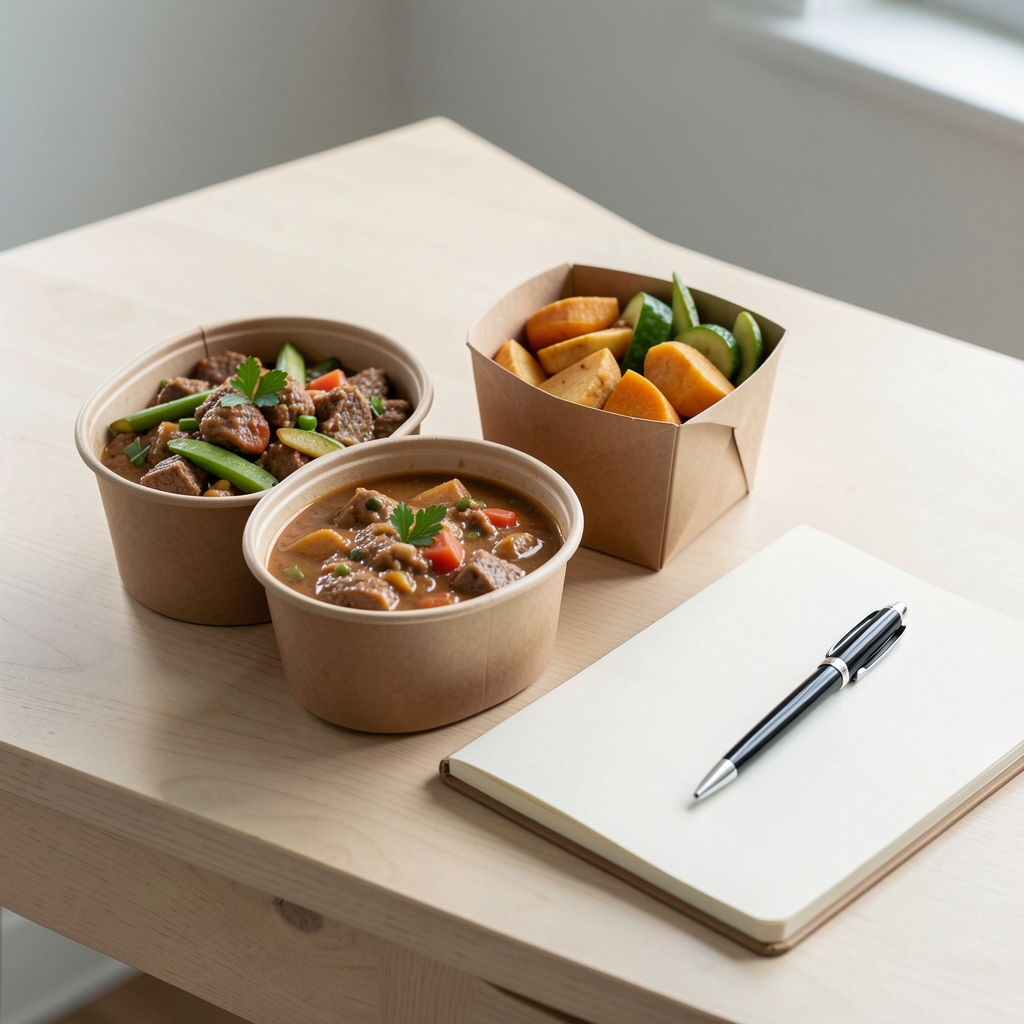 Takeaway food containers arranged on a pale wooden desk beside a notepad and pen, editorial still life composition in natural light